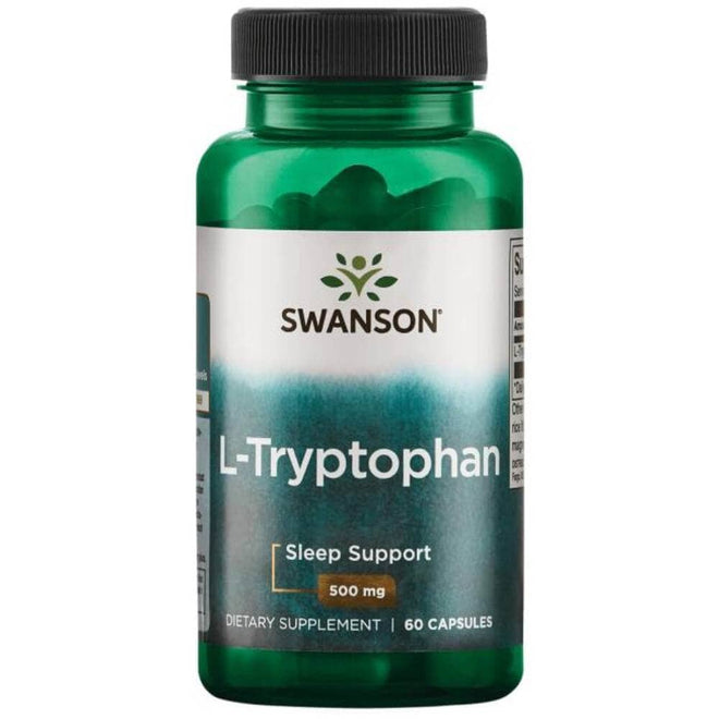 Frasco de L-Triptófano de Swanson con 60 cápsulas, 500 mg por cápsula.