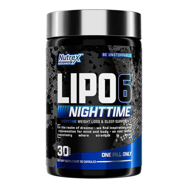 Vitamina Lipo 6 Black Nighttime de Nutrex en envase con 60 cápsulas, suplemento para salud y bienestar nocturno.