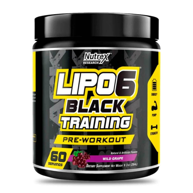 Pre-entrenamiento Lipo 6 Black Training de Nutrex con sabor a uva salvaje, suplemento para aumentar energía y rendimiento.