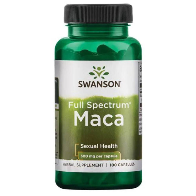Frasco de Maca de Swanson con 100 cápsulas de raíz de maca, 500 mg por cápsula.