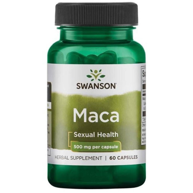 Caja y frasco de Maca de Swanson con 60 cápsulas de 500 mg, envase blanco con etiqueta.