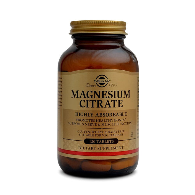 Tabletas de magnesio citrato Solgar, 210 mg, en envase con 120 tabletas, suplemento de vitaminas y salud.