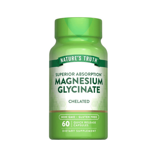 Cápsulas de Magnesio Glicinato de Nature's Truth, suplemento en 60 cápsulas para salud y bienestar.