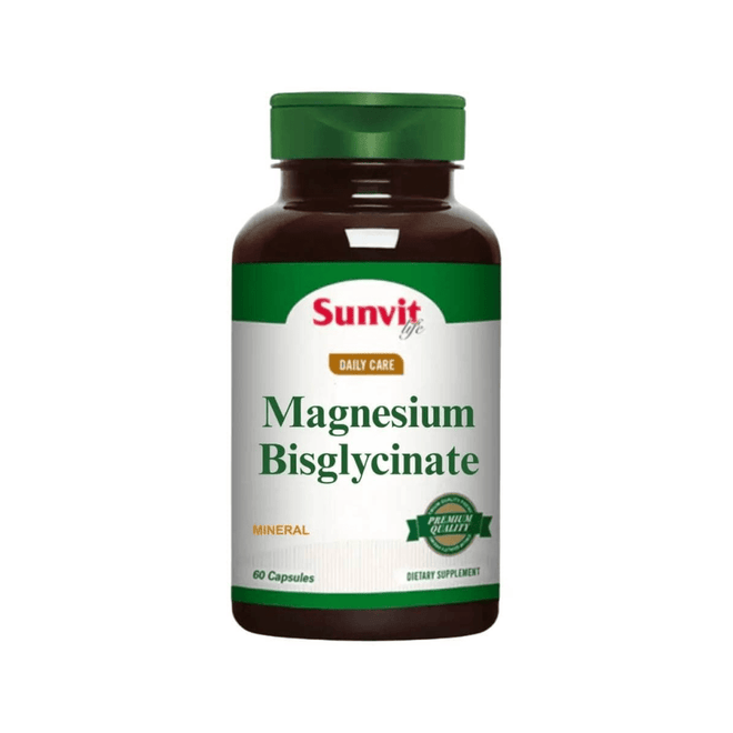 Suplemento de magnesio bisglicinato en cápsulas, vitaminas y salud, marca Sunvit Life, 60 cápsulas en frasco.