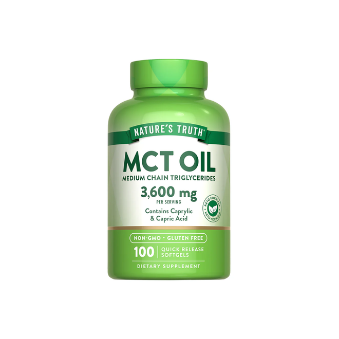 Capsulas blandas de aceite MCT 3600 mg de Nature's Truth, suplemento de Omega 3 en envase de 100 cápsulas.