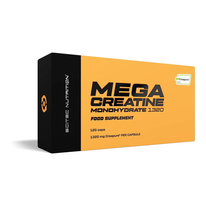 Creatina Mega Creatina Creapure de Scitec Nutrition en cápsulas, 120 unidades, suplemento para mejorar rendimiento deportivo.