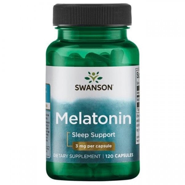 Capsulas de melatonina de 3 mg de la marca Swanson, suplemento de vitaminas y salud en envase de 120 cápsulas.