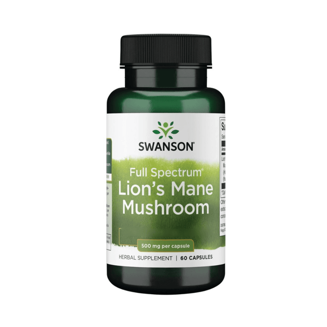 Capsulas de Melena de León de 500 mg de Swanson, suplemento de vitaminas y salud en envase con 60 cápsulas.