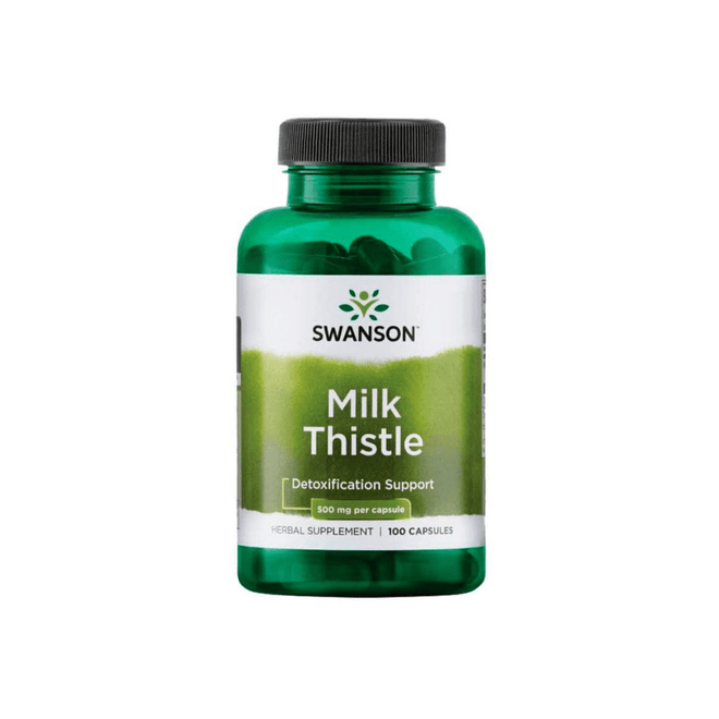 Frasco de Milk Thistle de Swanson con 100 cápsulas de cardo mariano, 500 mg de silimarina por cápsula.