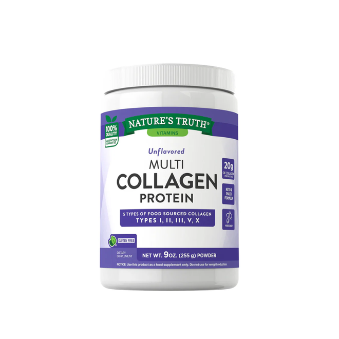 Envase de Multi Collagen Complex de Nature's Truth con 255 g de colágeno en polvo.