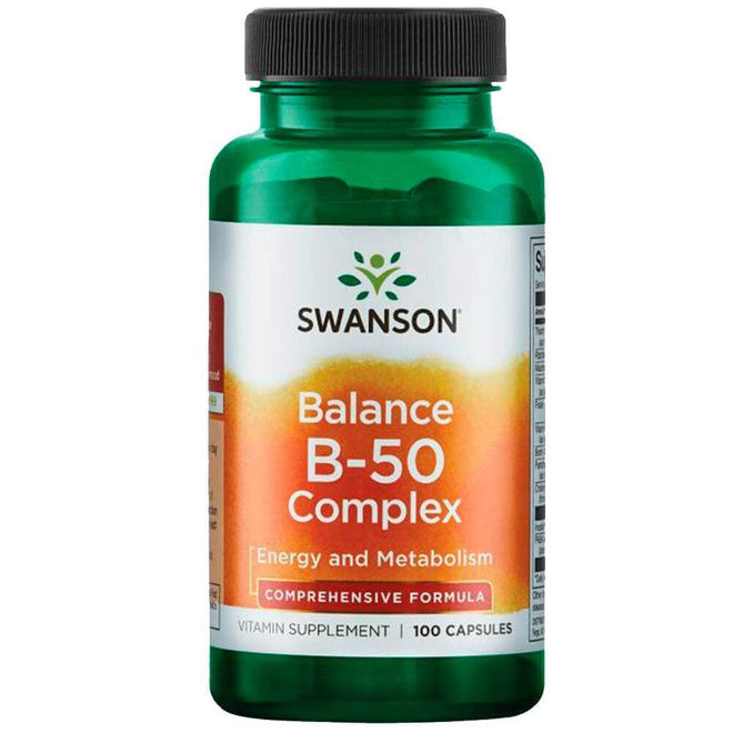 Suplemento de vitaminas Multi Complejo B Balance B-50 de Swanson, envase con 100 cápsulas, en blíster blanco y azul.
