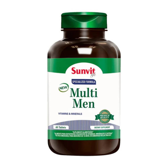 Multivitamínico Multi Men de Sunvit Life en 60 tabletas, suplemento de vitaminas y minerales para la salud masculina.
