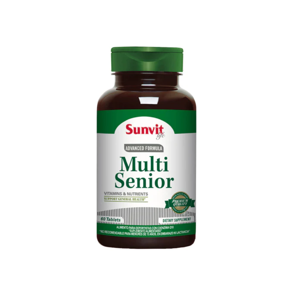 Tabletas multivitamínicas senior Sunvit Life, suplemento de vitaminas y salud para adultos mayores, en envase de 60 unidades