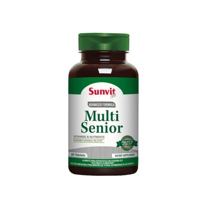 Tabletas multivitamínicas senior Sunvit Life, suplemento de vitaminas y salud para adultos mayores, en envase de 60 unidades