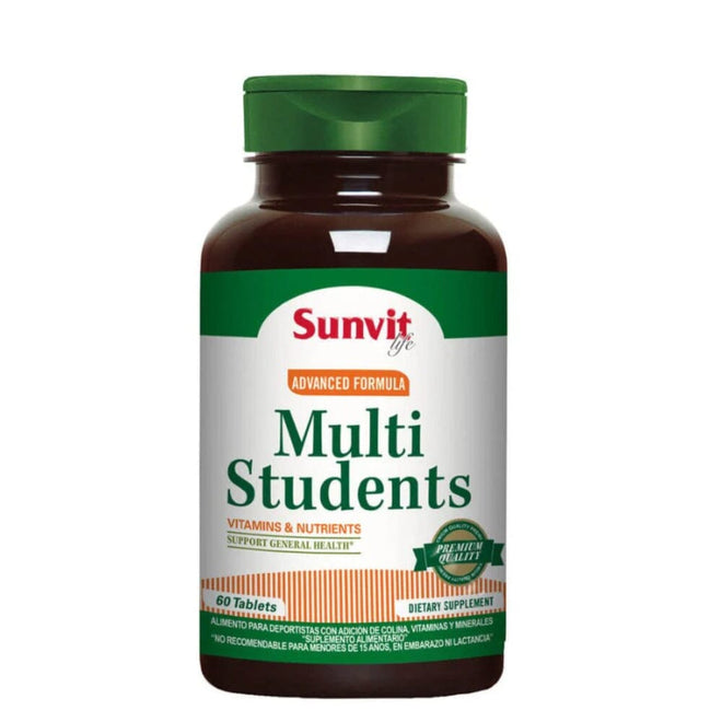 Frasco de multivitamínico Multi Student de Sunvit Life con tabletas.