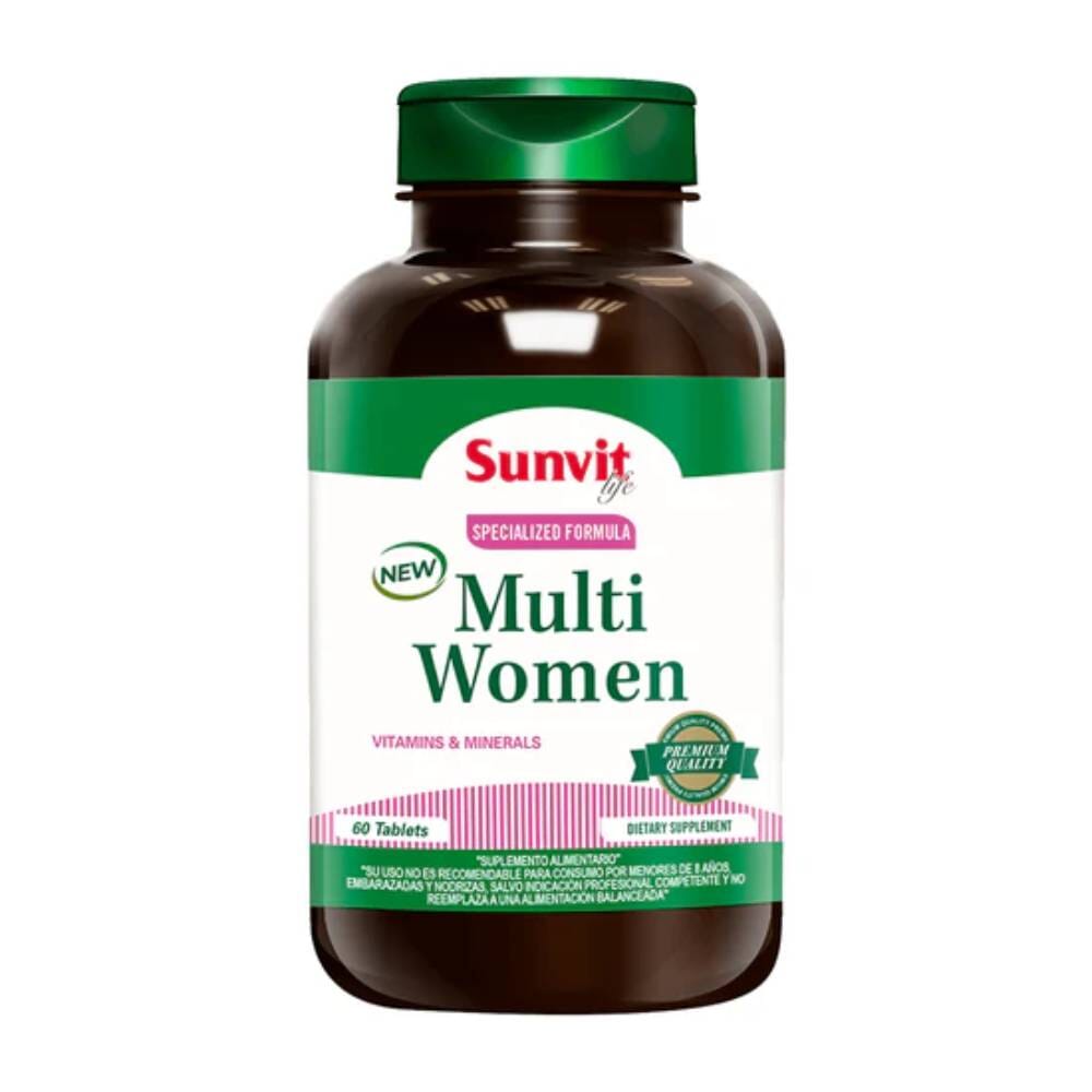Frasco Multi Women Sunvit 60 tabletas; multivitamínico diario para mujer.