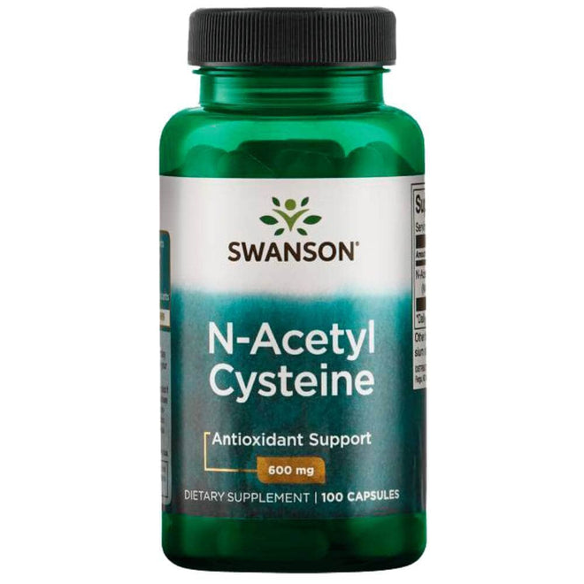 Cápsulas de N-Acetyl Cysteine Nac 600 mg de Swanson, suplemento de vitaminas y salud en envase con 100 cápsulas.