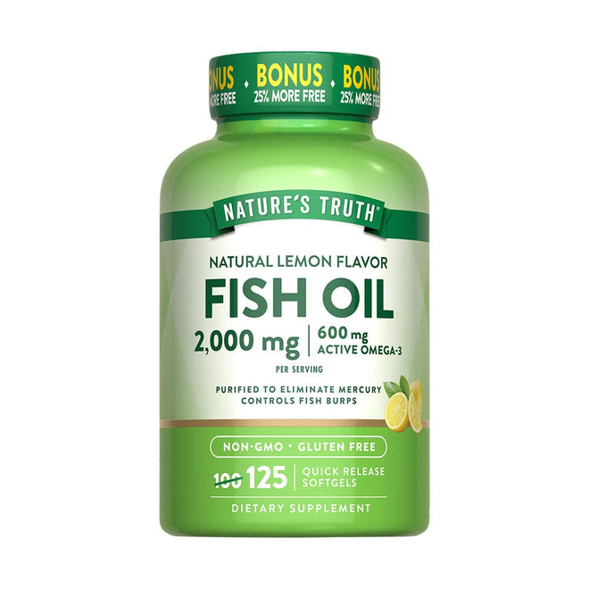 Suplemento de aceite de pescado Omega 3 de 2000 mg en cápsulas blandas de limón de Nature's Truth.