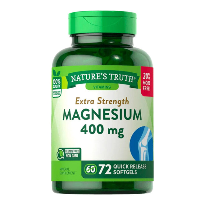 Suplemento de magnesio 400 mg en softgels de Nature's Truth, 72 unidades, para salud y bienestar.