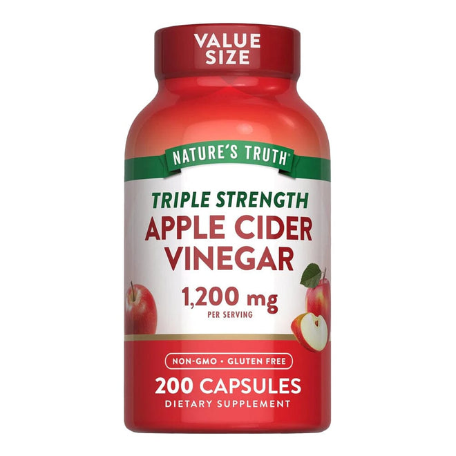 Cápsulas de vinagre de manzana Nature's Truth, 1200 mg, 200 cápsulas para vitaminas y salud, en envase de color blanco.
