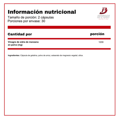 Etiqueta con porción 1.200 mg (2 cápsulas) vinagre de manzana Nature’s Truth