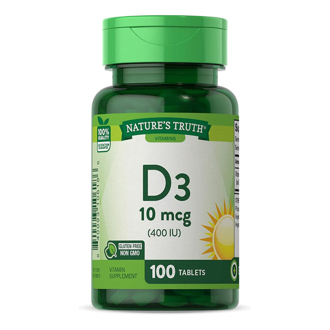 Vitamina D3 400 IU de Nature's Truth en frascos con 100 tabletas, suplemento de vitaminas y salud.