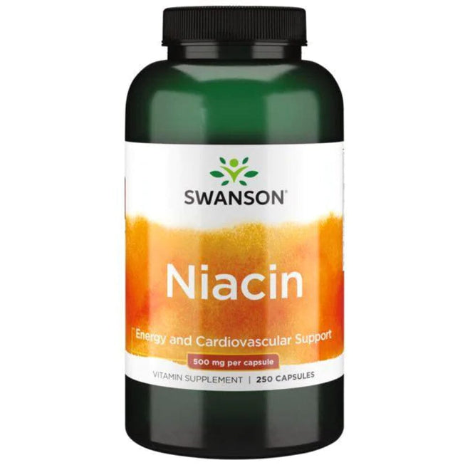 Cajas de 250 cápsulas de niacina 500 mg de la marca Swanson, suplemento de vitaminas y salud.