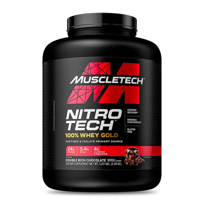 Proteínas Nitro Tech 100% Whey Gold de Muscletech en sabor doble chocolate, envase de 5 libras.