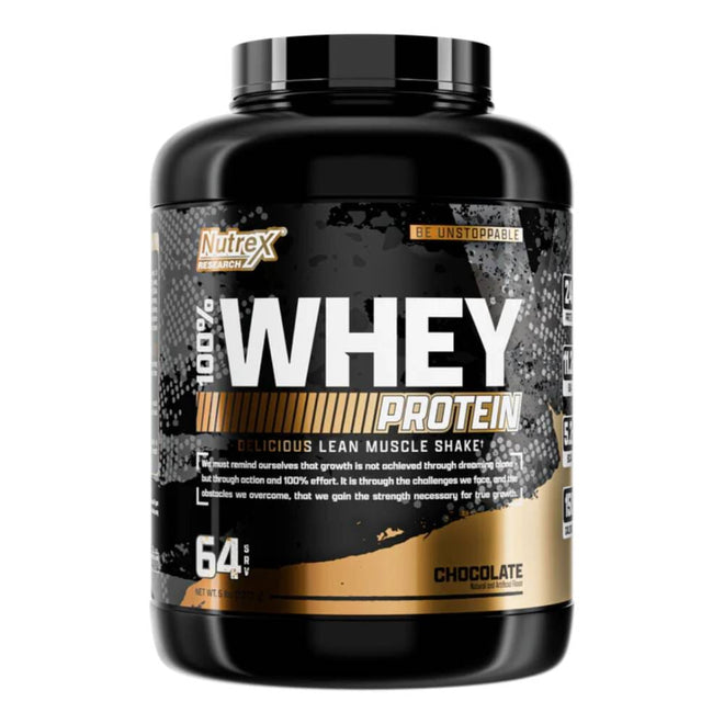Proteínas Nutrex 100% Whey Protein 5 lbs, polvo de suero para ganar músculo, en envase grande y resistente.
