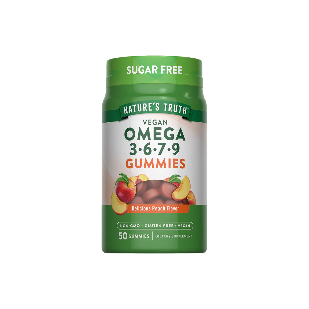 Gomitas veganas de Omega 3-6-7-9 de 360 mg de la marca Nature's Truth, en envase con varias gomitas en la imagen