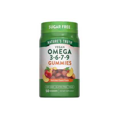 Gomitas veganas de Omega 3-6-7-9 de 360 mg de la marca Nature's Truth, en envase con varias gomitas en la imagen