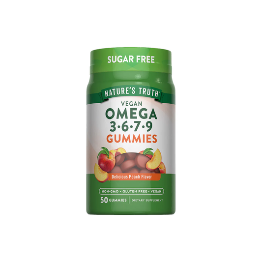 Gomitas veganas de Omega 3-6-7-9 de 360 mg de la marca Nature's Truth, en envase con varias gomitas en la imagen