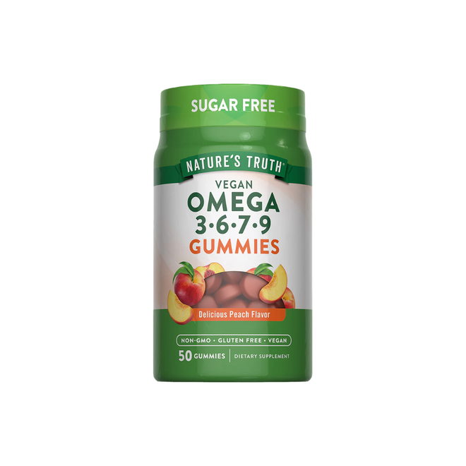 Gomitas veganas de Omega 3-6-7-9 de 360 mg de la marca Nature's Truth, en envase con varias gomitas en la imagen