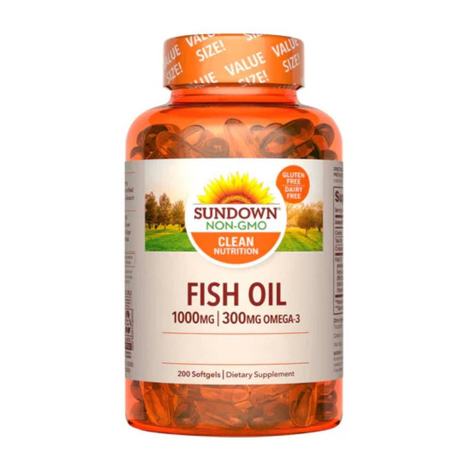 Aceite de pescado Omega 3 1000 mg en 200 softgels, suplemento de vitaminas y salud de Sundown Naturals.