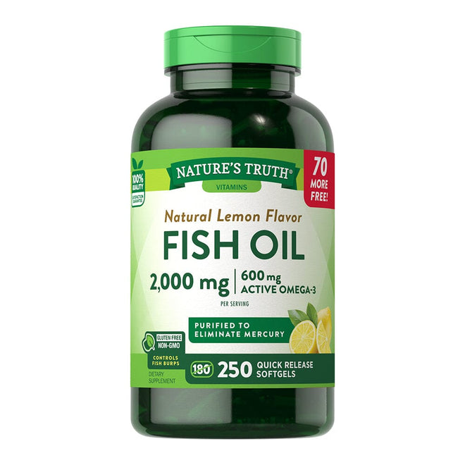 Aceite de pescado Omega 3 2000 mg de Nature's Truth en 250 softgels, suplemento de vitaminas y salud con cápsulas blandas.