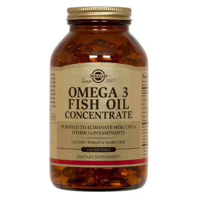 Frasco de Omega-3 Fish Oil de Solgar con 120 softgels de aceite de pescado.
