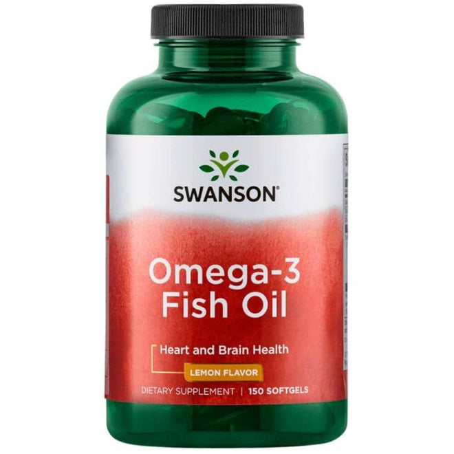 Frasco de aceite de pescado Omega 3 de Swanson con 150 softgels.