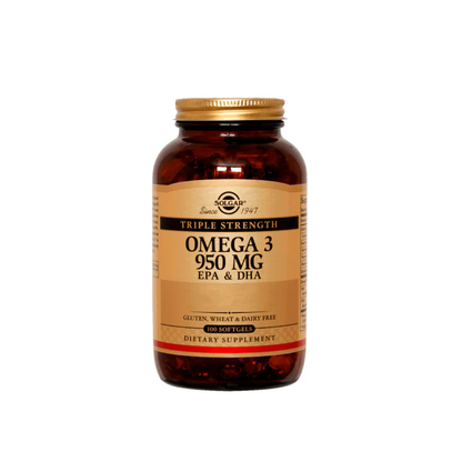 Capsulas blandas de Omega 3 de Solgar, triple fuerza, 950 mg, 100 unidades en envase.