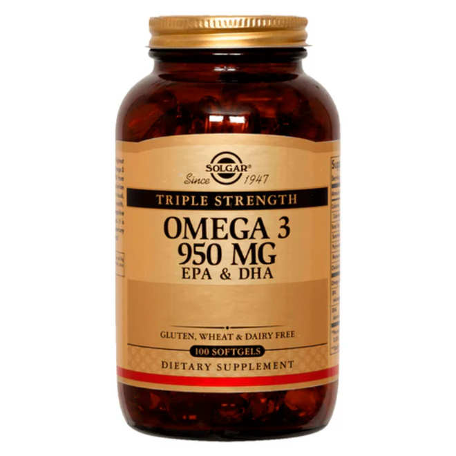 Capsulas blandas de Omega 3 de Solgar, triple fuerza, 950 mg, 100 unidades en envase.