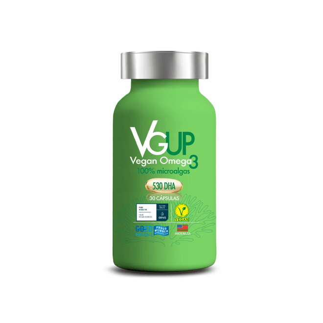 Suplemento de Omega 3 Vegano DHA en 30 cápsulas de New Science, con cápsulas de color oscuro y etiqueta en blanco.