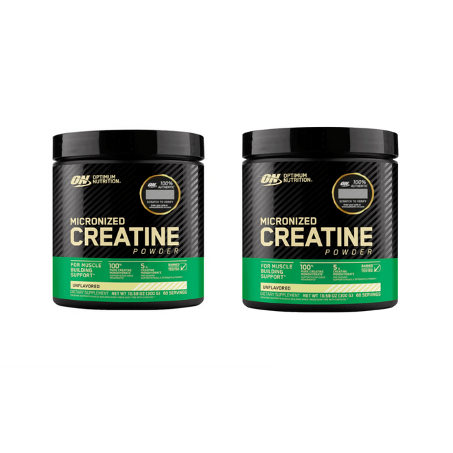 Pack de dos frascos de creatina monohidratada micronizada Optimum Nutrition de 300 g cada uno.