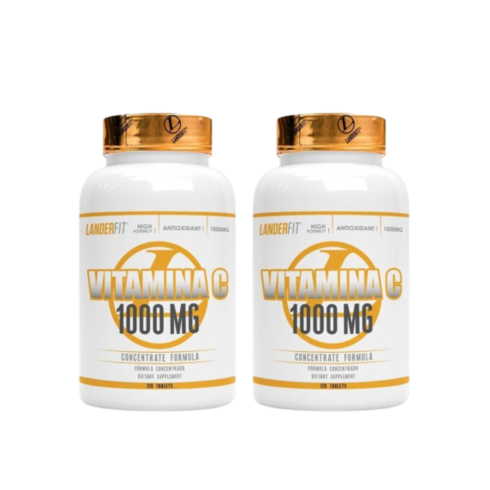 Pack de 2 frascos de vitamina C Landerfit 1000 mg, suplemento en tabletas para la salud y el bienestar.