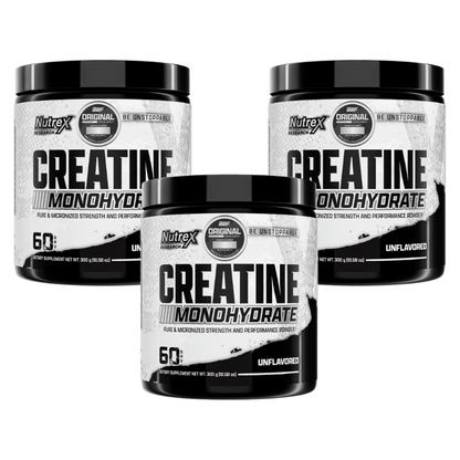 Pack de 3 Creatinas Monohidratadas Nutrex de 300 g, sin sabor.