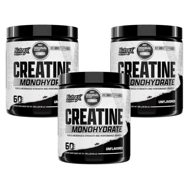 Pack de 3 Creatinas Monohidratadas Nutrex de 300 g, sin sabor.