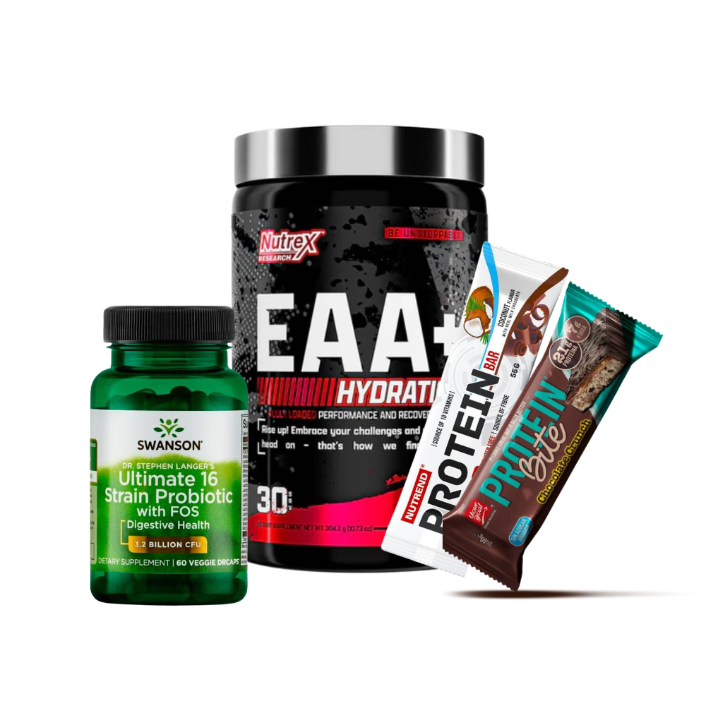 Pack con Protein Bite Your Goal, Protein Bar Nutrend, EAA Hydration Nutrex y Probióticos Swanson.