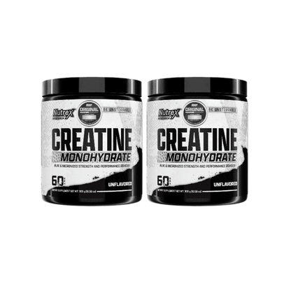 Pack de 2 creatinas Nutrex Fuerza Esencial en polvo, muestra el envase con etiqueta y polvo blanco dentro del recipiente