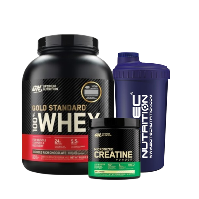 Pack de proteínas Gold Standard de Optimum Nutrition, 5 lbs, con creatina y batido en vaso.