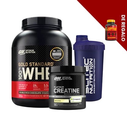 Paquete de proteínas Gold Standard 2.0 Creapure de Optimum Nutrition con sello y un shaker, ideal para entrenamiento y recuperación.