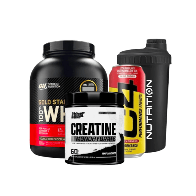 Paquete de proteína Gold Standard de Optimum Nutrition de 5 lbs con creatina, en envase con polvo de proteína y suplementos deportivos.
