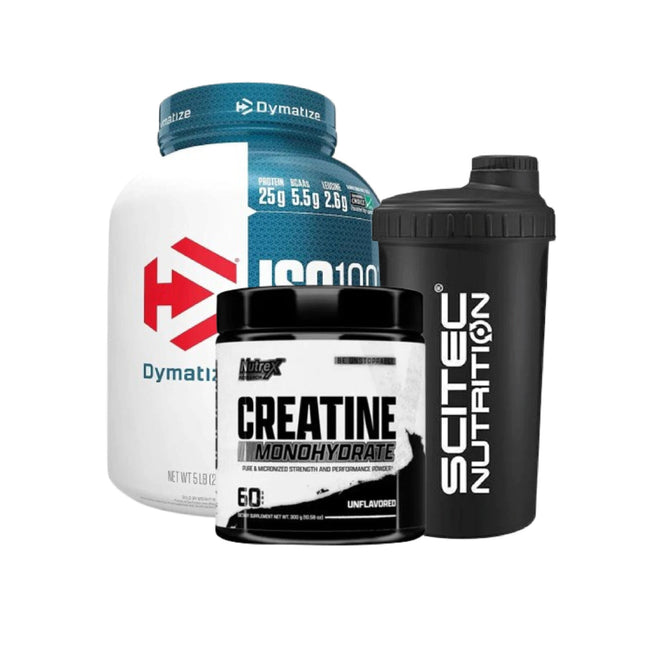 Paquete de proteínas ISO 100 de Dymatize, polvo para ganar músculo, en envase con etiqueta visible y tapa dorada.